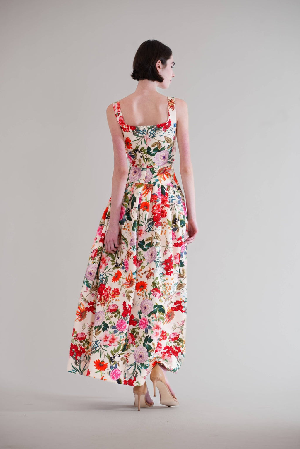 SQUARE NECK DROP WAIST W PLEATED LONG DRESS - La Rella