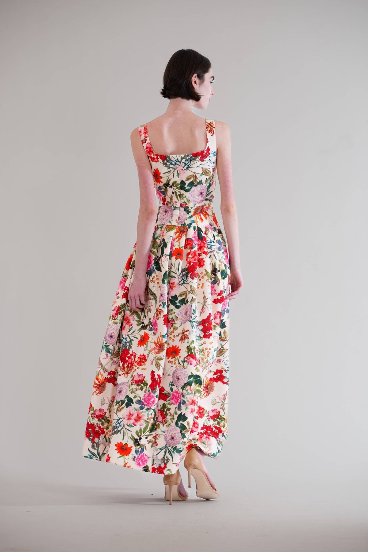 SQUARE NECK DROP WAIST W PLEATED LONG DRESS - La Rella