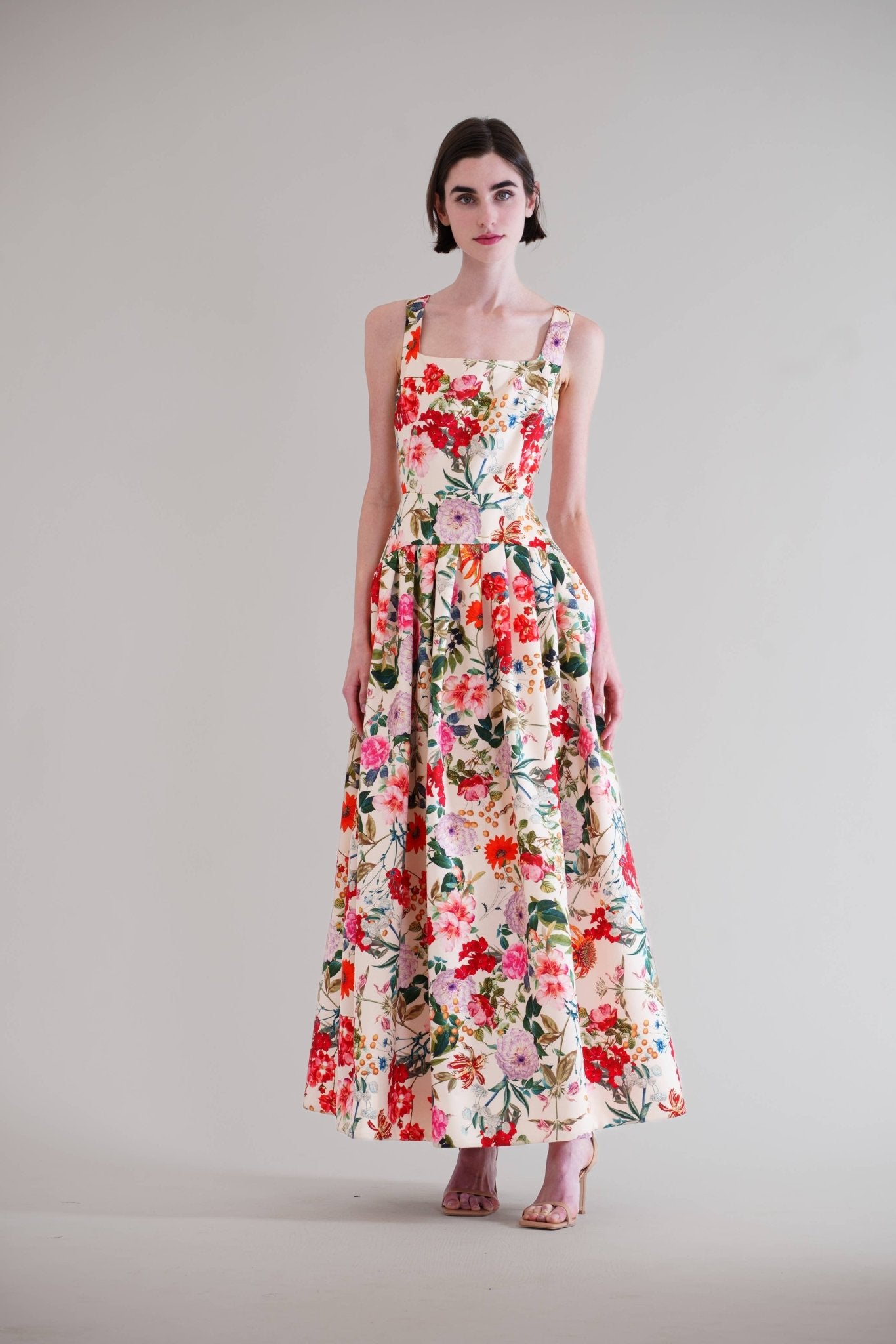 SQUARE NECK DROP WAIST W PLEATED LONG DRESS - La Rella