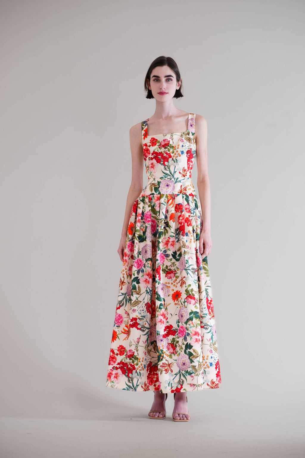 SQUARE NECK DROP WAIST W PLEATED LONG DRESS - La Rella
