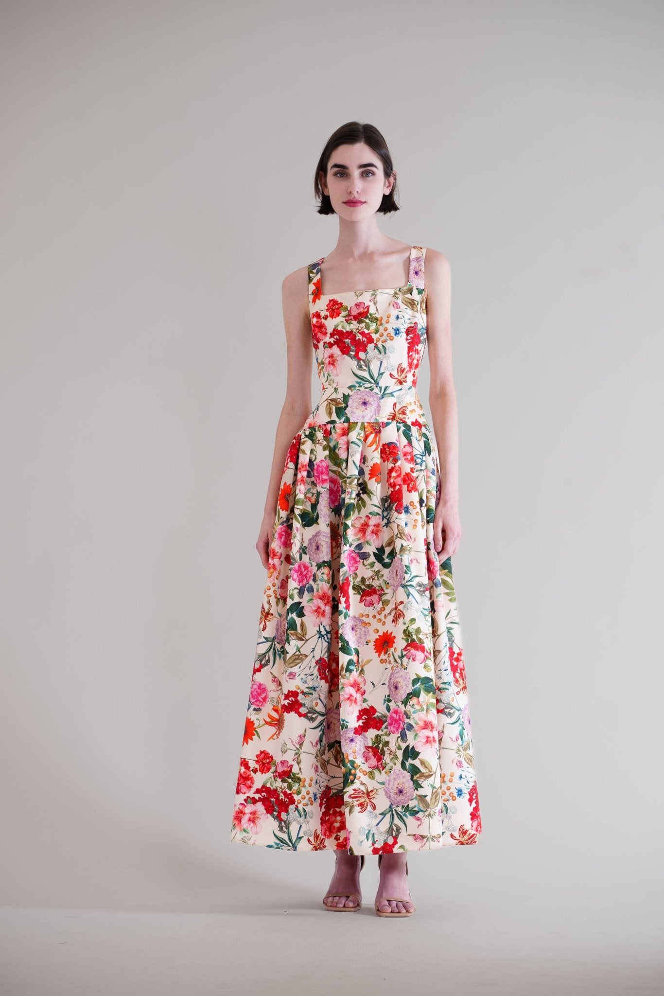 SQUARE NECK DROP WAIST W PLEATED LONG DRESS - La Rella