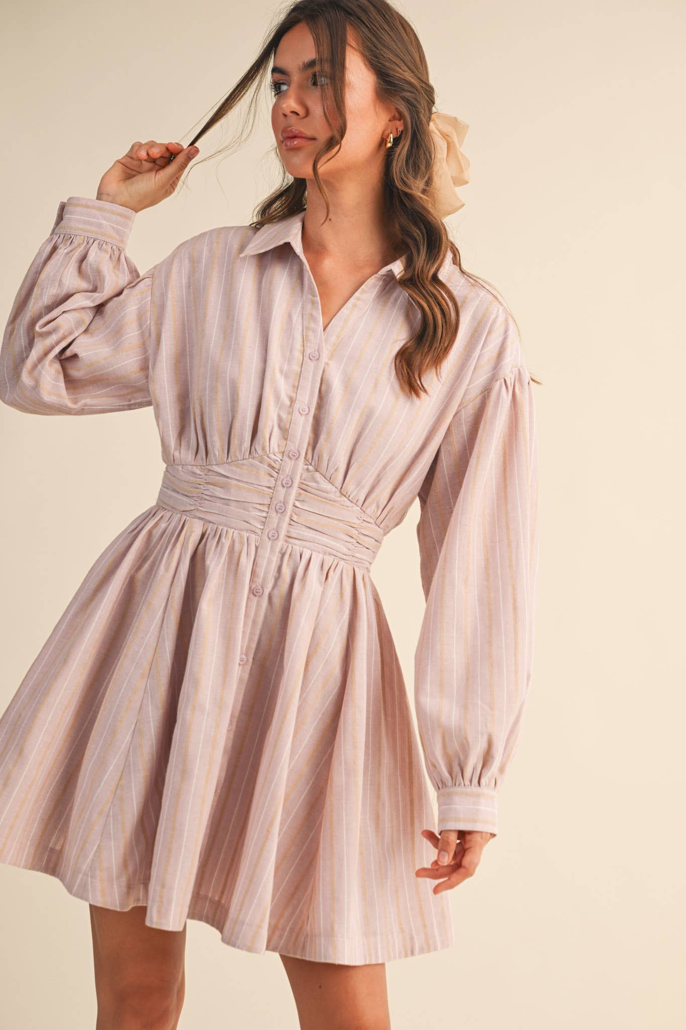 STRIPED BUTTON DOWN RUCHED WAIST MINI DRESS MDR4183 - LaRella