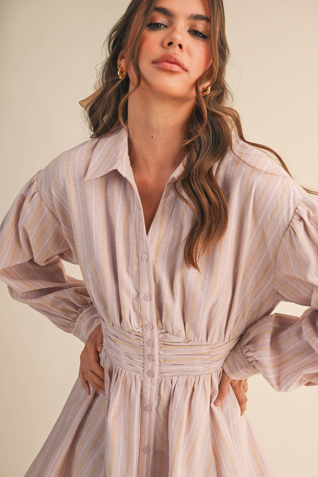 STRIPED BUTTON DOWN RUCHED WAIST MINI DRESS MDR4183 - LaRella