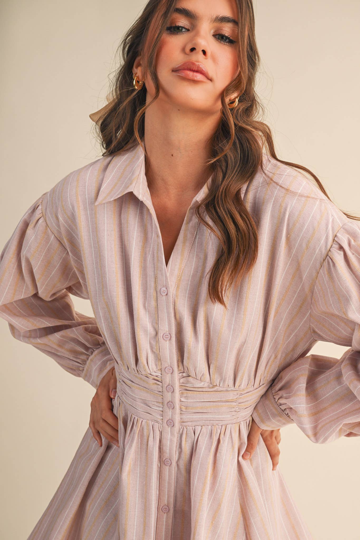 STRIPED BUTTON DOWN RUCHED WAIST MINI DRESS MDR4183 - LaRella