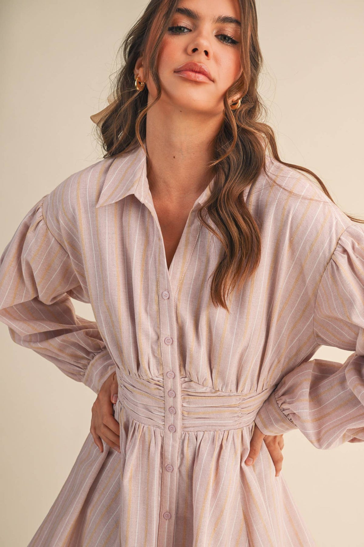STRIPED BUTTON DOWN RUCHED WAIST MINI DRESS MDR4183 - LaRella