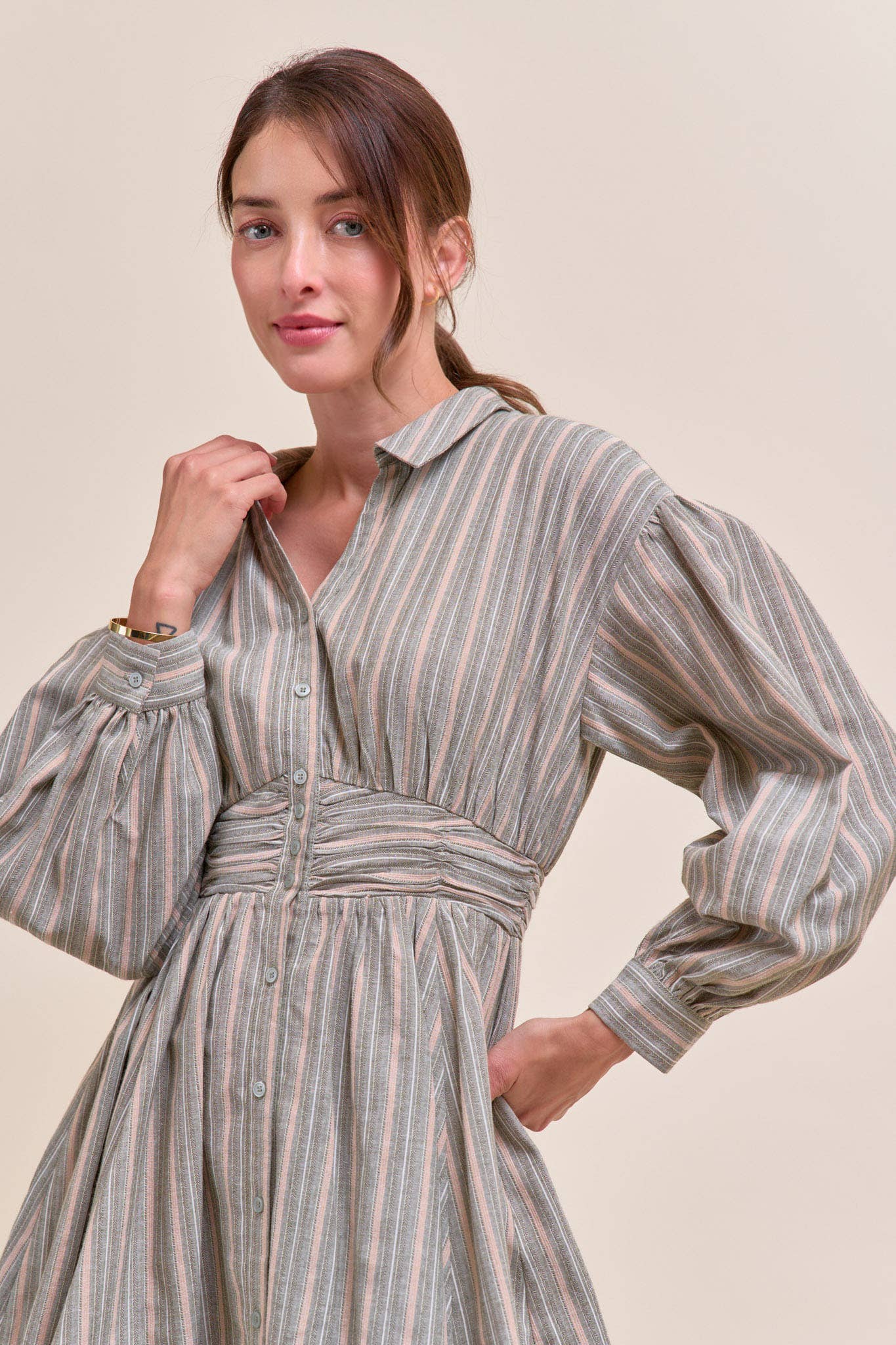 STRIPED BUTTON DOWN RUCHED WAIST MINI DRESS MDR4183 - LaRella