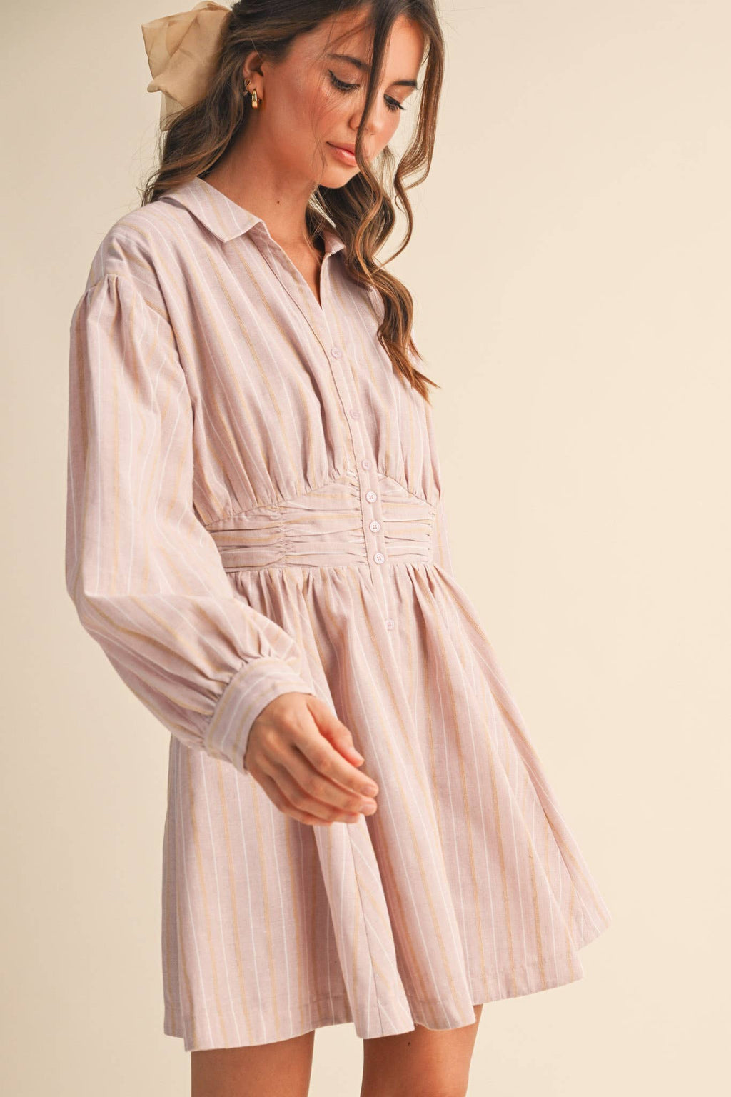 STRIPED BUTTON DOWN RUCHED WAIST MINI DRESS MDR4183 - LaRella