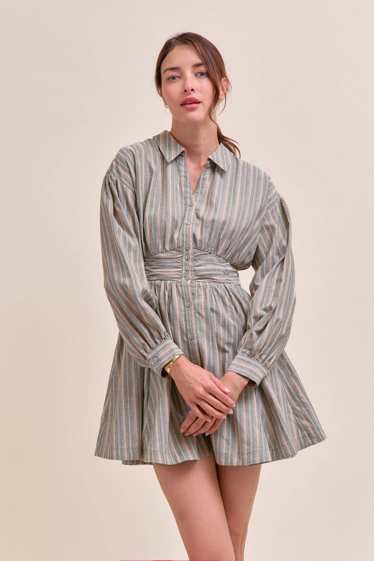 STRIPED BUTTON DOWN RUCHED WAIST MINI DRESS MDR4183 - LaRella