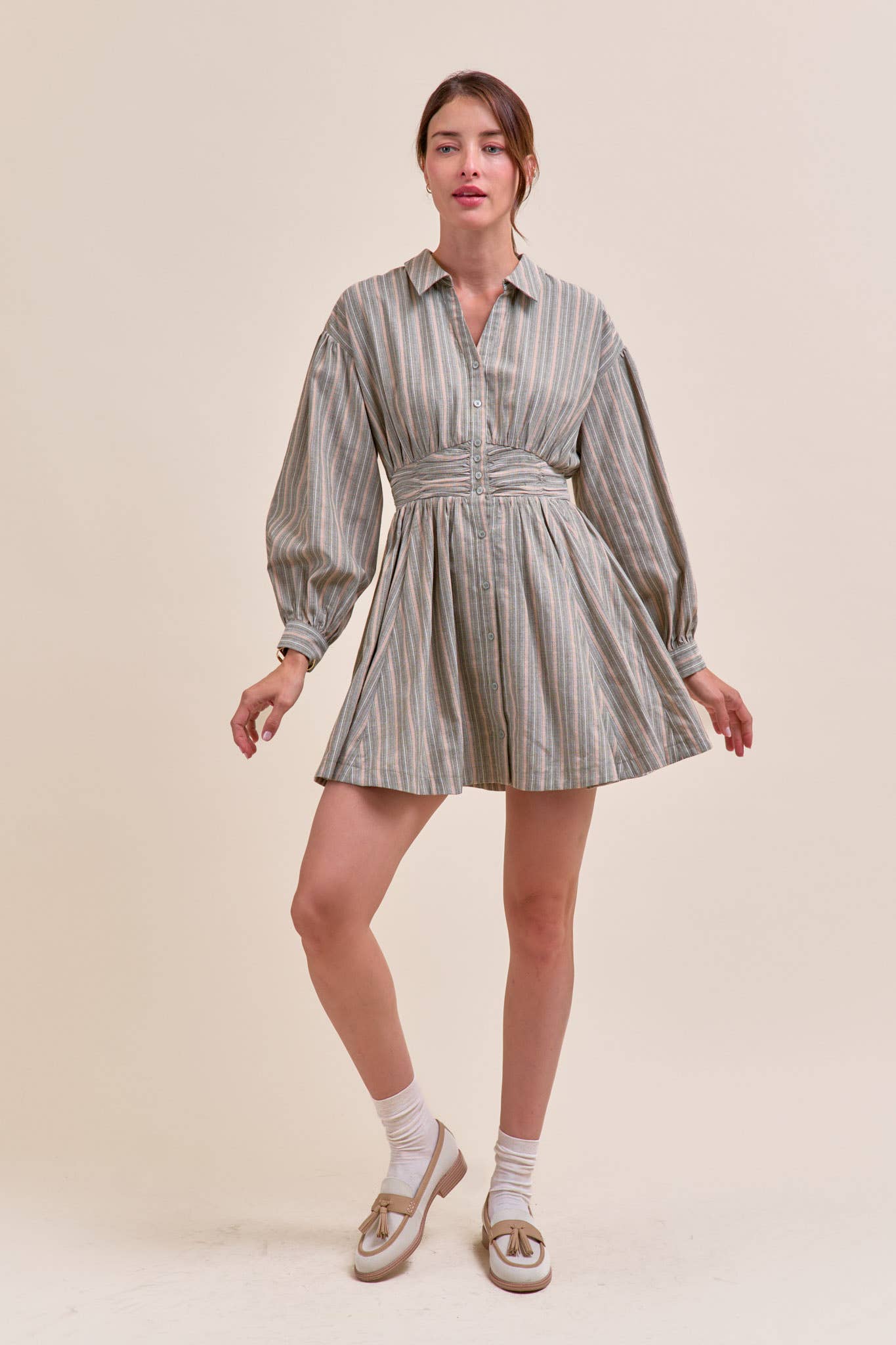STRIPED BUTTON DOWN RUCHED WAIST MINI DRESS MDR4183 - LaRella