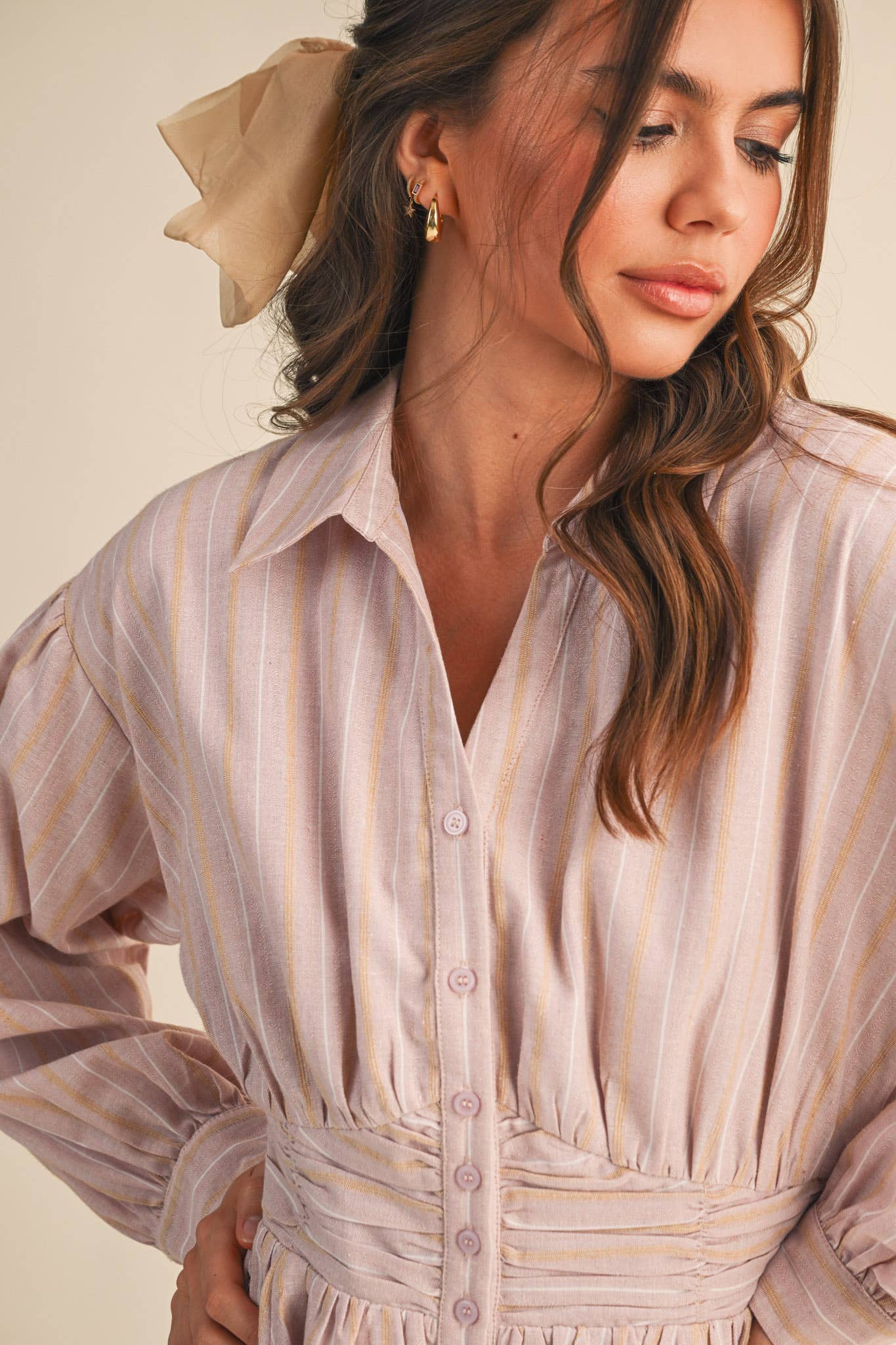 STRIPED BUTTON DOWN RUCHED WAIST MINI DRESS MDR4183 - LaRella