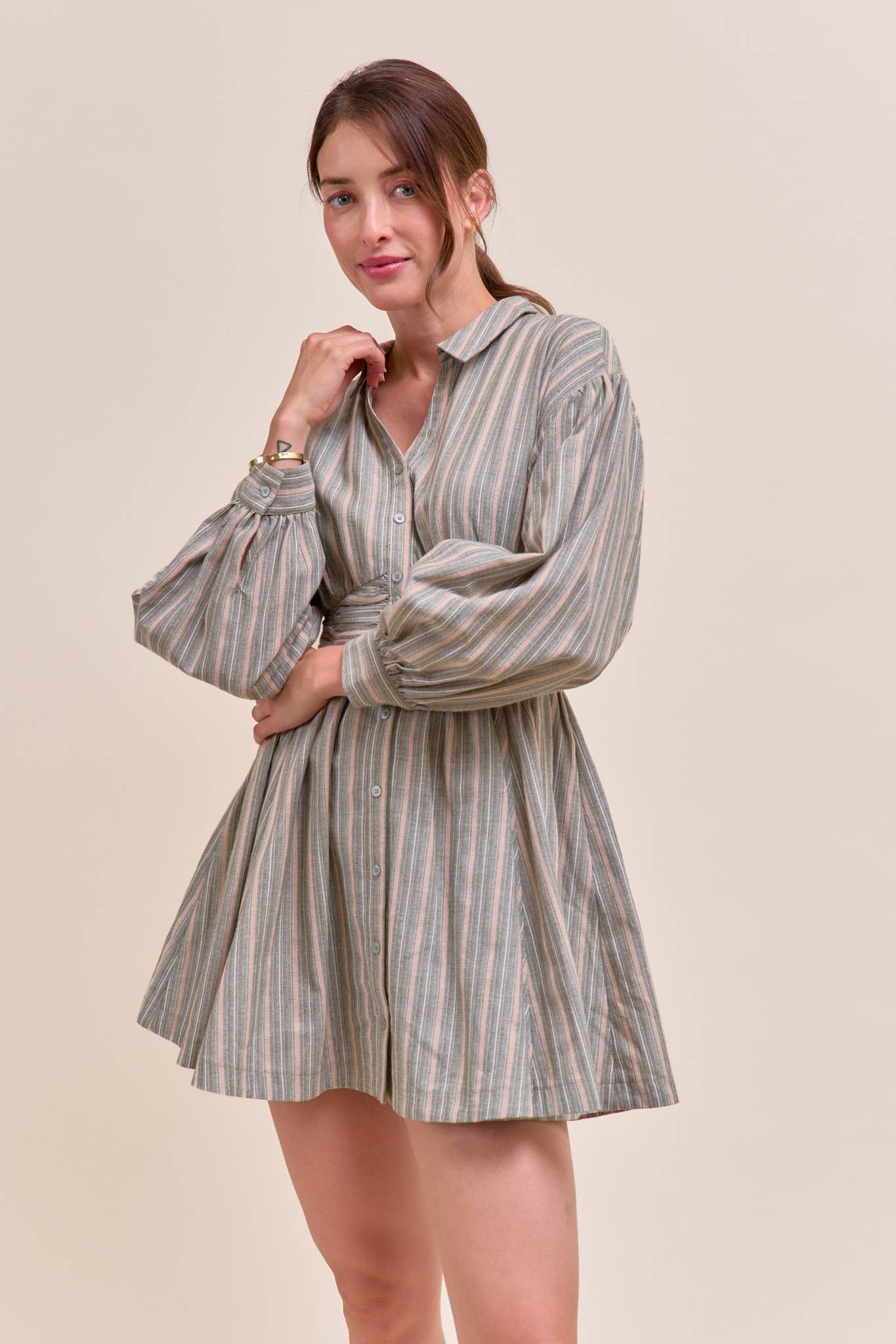 STRIPED BUTTON DOWN RUCHED WAIST MINI DRESS MDR4183 - LaRella