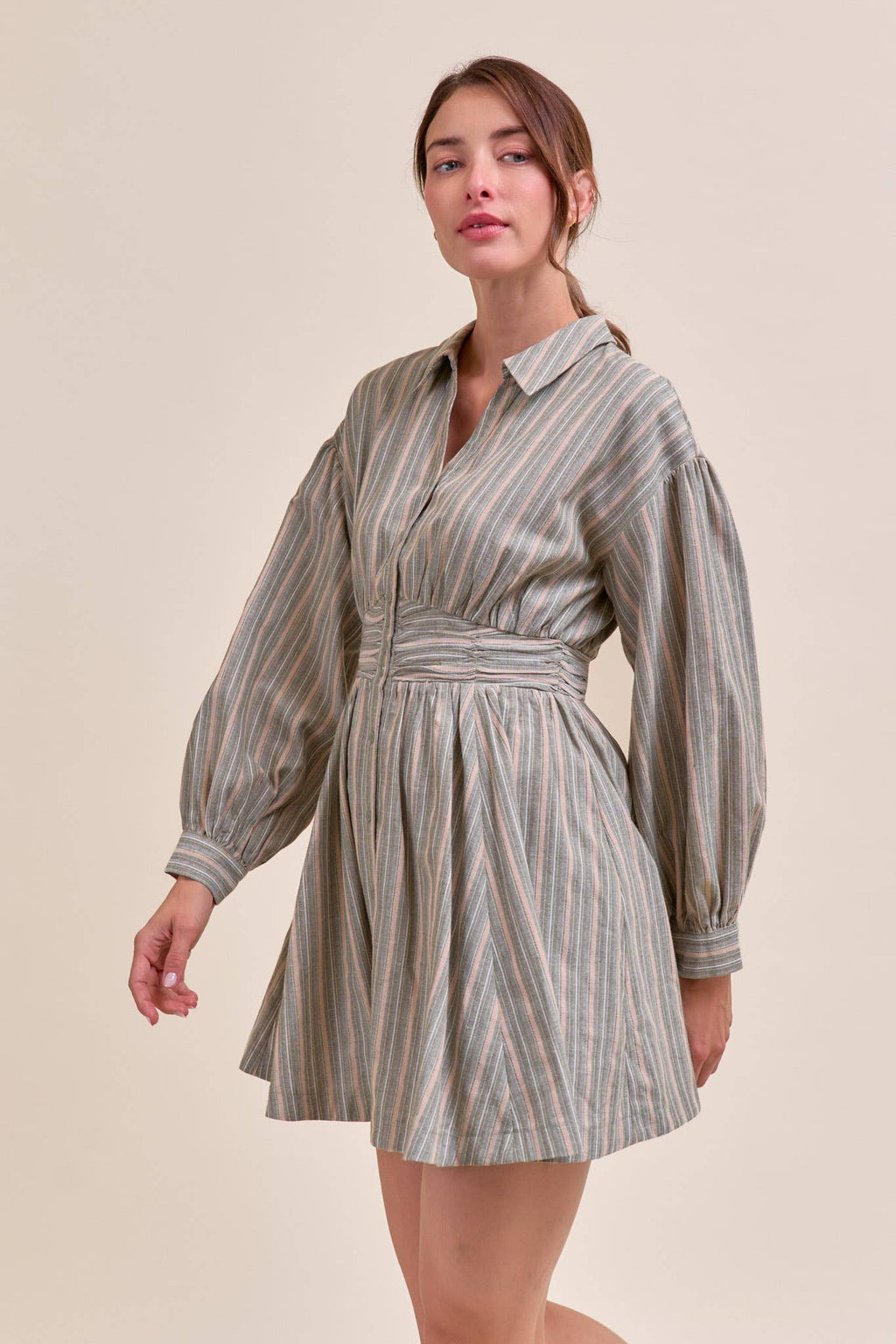 STRIPED BUTTON DOWN RUCHED WAIST MINI DRESS MDR4183 - LaRella