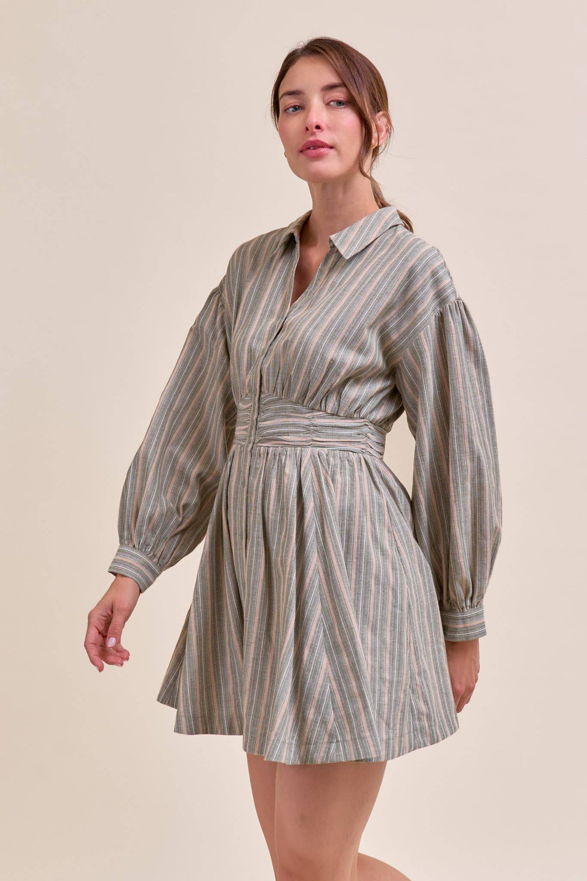 STRIPED BUTTON DOWN RUCHED WAIST MINI DRESS MDR4183 - LaRella