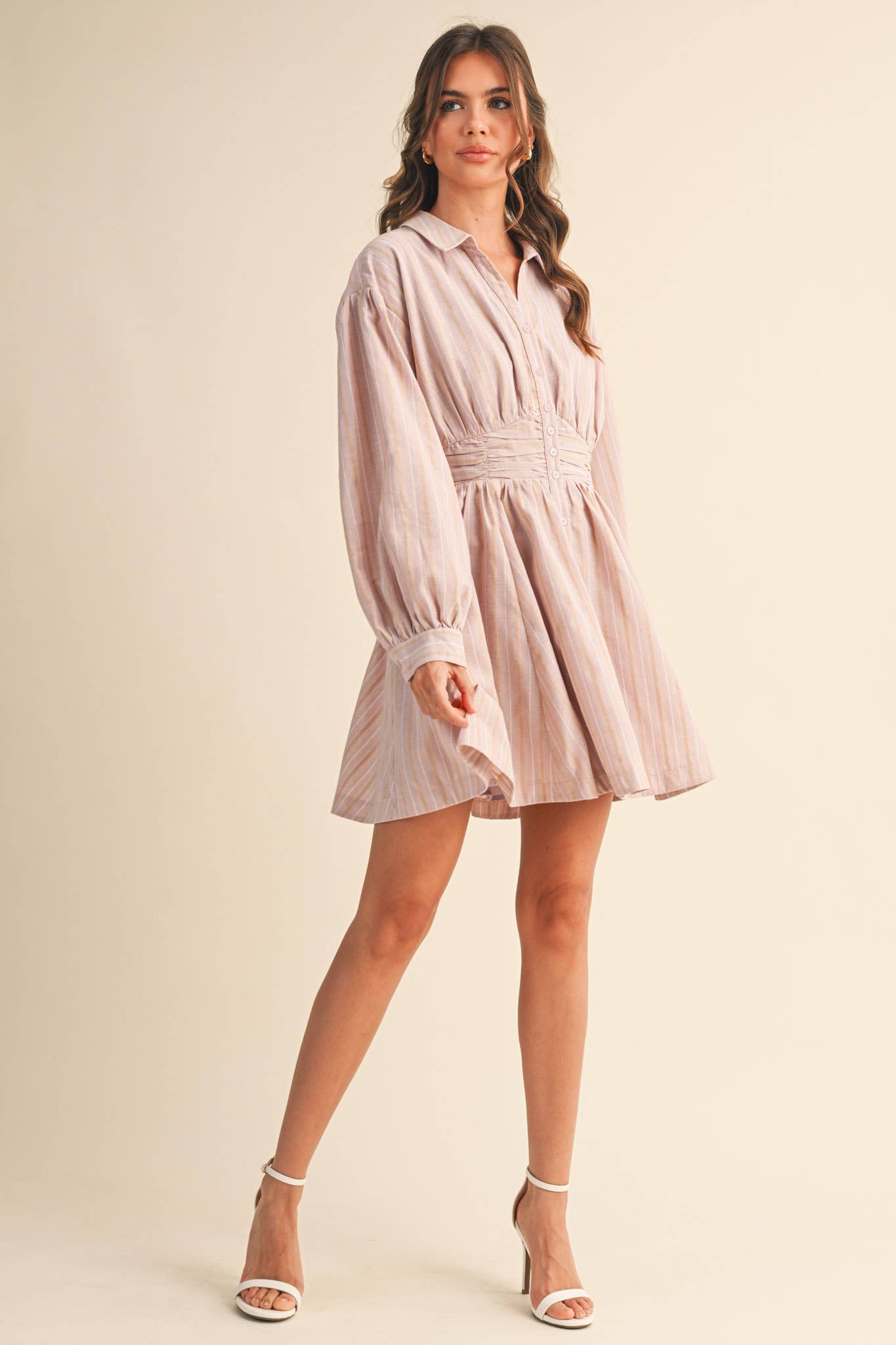 STRIPED BUTTON DOWN RUCHED WAIST MINI DRESS MDR4183 - LaRella