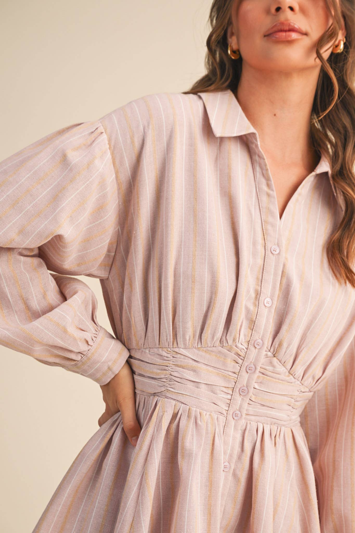 STRIPED BUTTON DOWN RUCHED WAIST MINI DRESS MDR4183 - LaRella