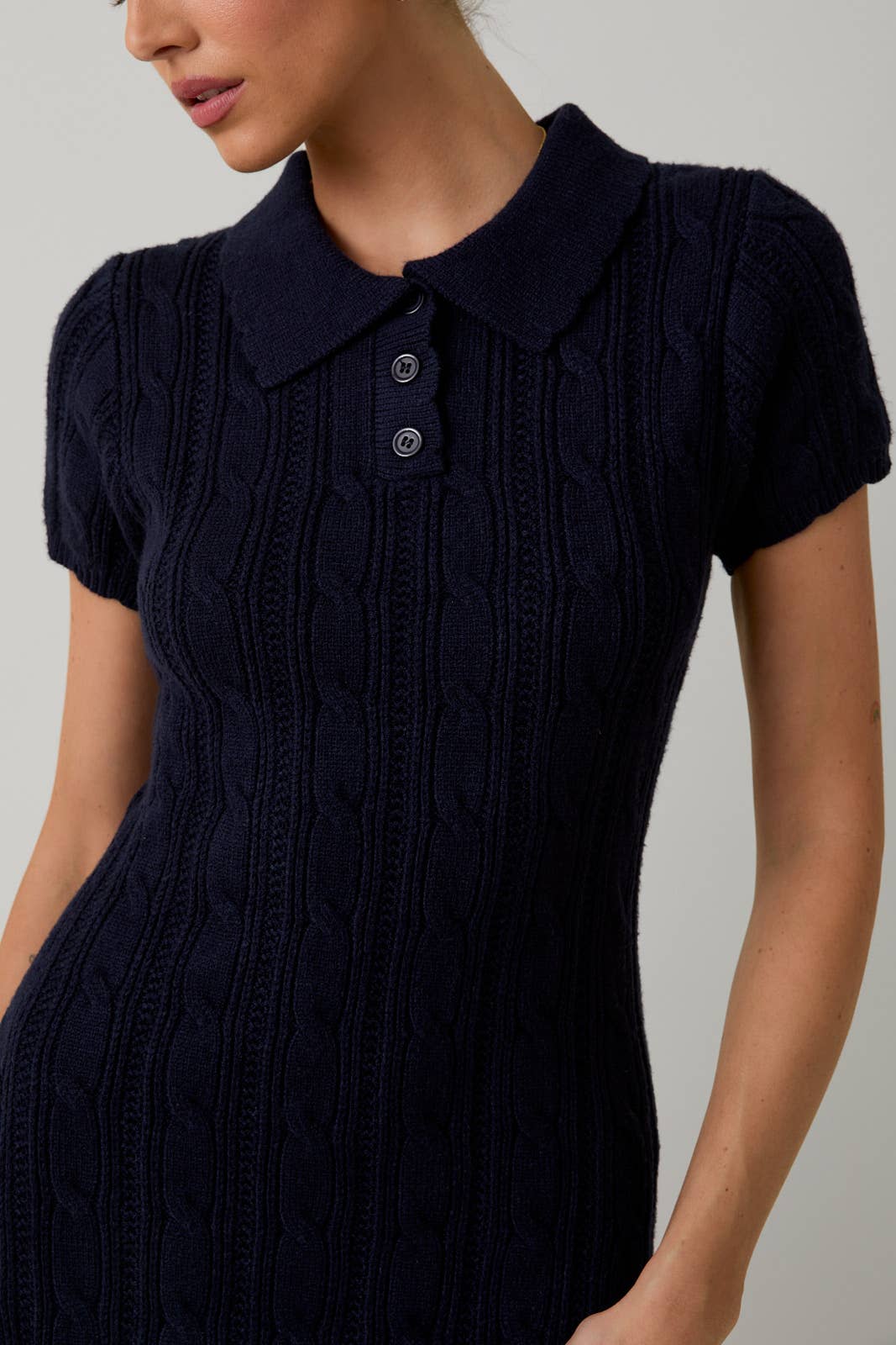 Sunday Edition by LE LIS - COLLAR SCALLOP DETAIL CABLE KNIT SWEATER MIDI DRESS - LaRella