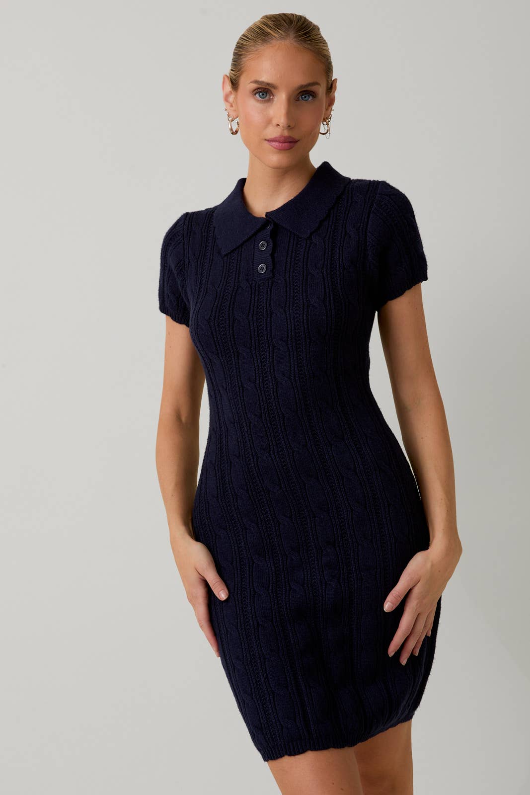 Sunday Edition by LE LIS - COLLAR SCALLOP DETAIL CABLE KNIT SWEATER MIDI DRESS - LaRella