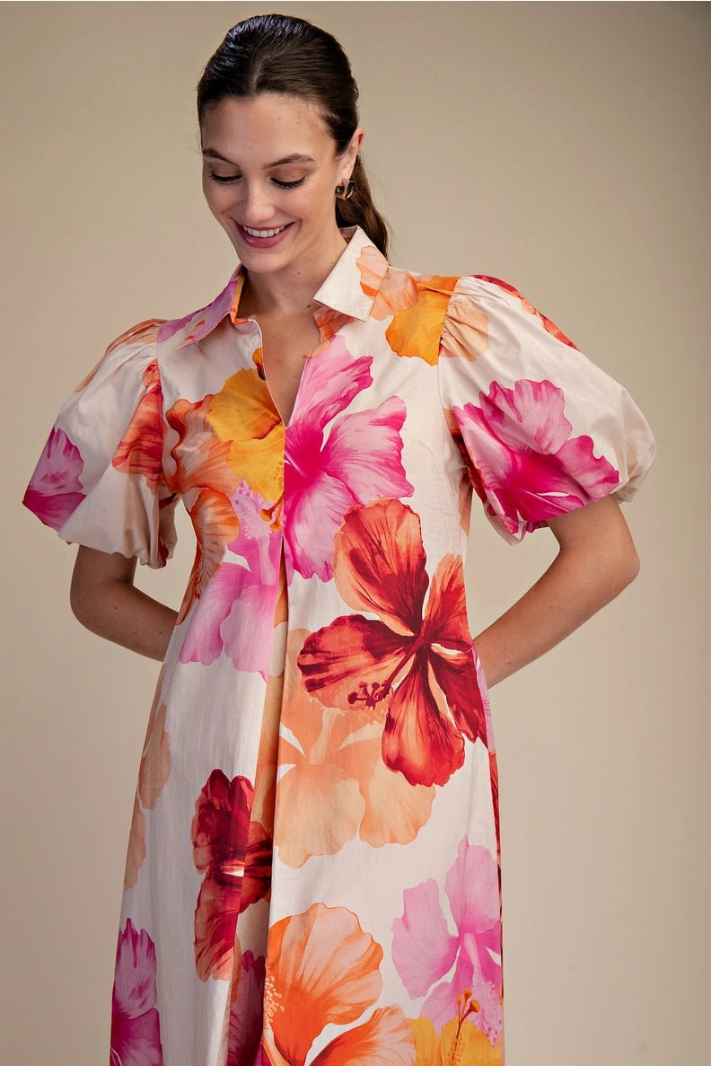 Tropical Floral Collared V-Neck Pleated Midi Dress with Puff Sleeves - La Rella