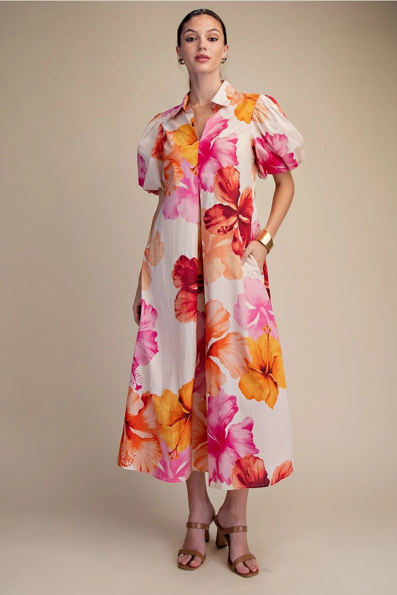 Tropical Floral Collared V-Neck Pleated Midi Dress with Puff Sleeves - La Rella