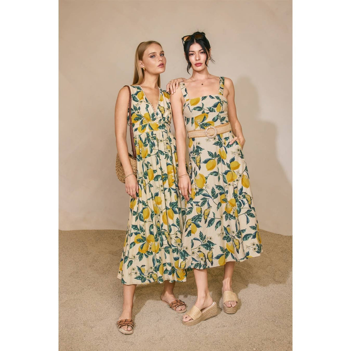 Vintage Lemonade Wicker Belt Midi Dress - La Rella