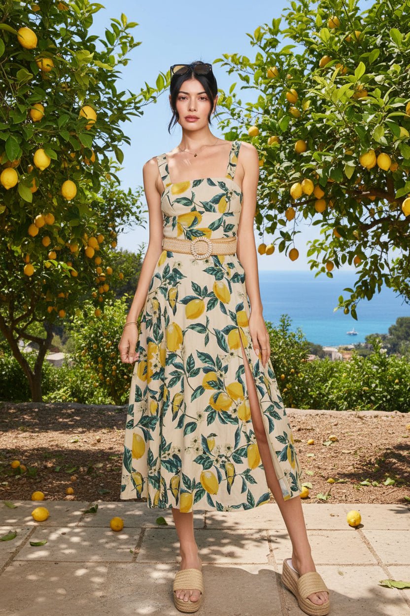 Vintage Lemonade Wicker Belt Midi Dress - La Rella