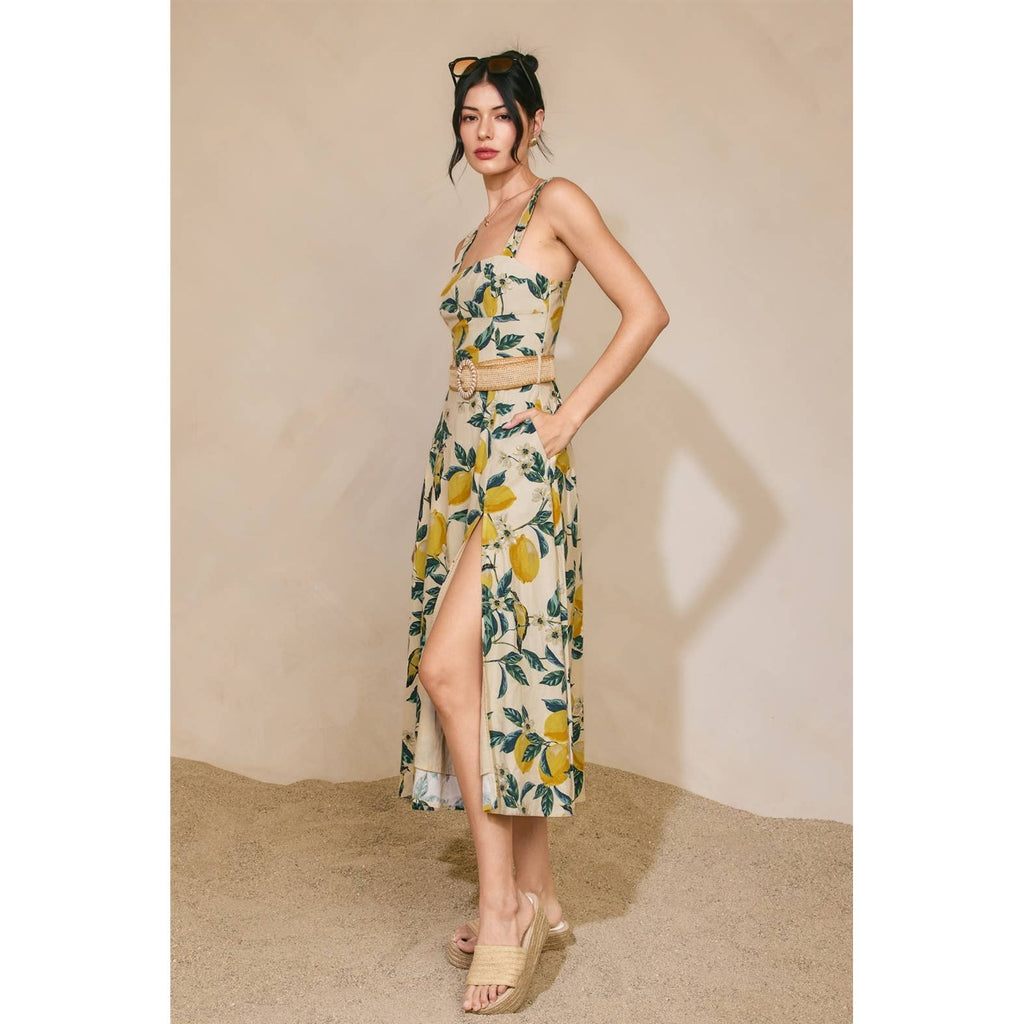 Vintage Lemonade Wicker Belt Midi Dress - La Rella