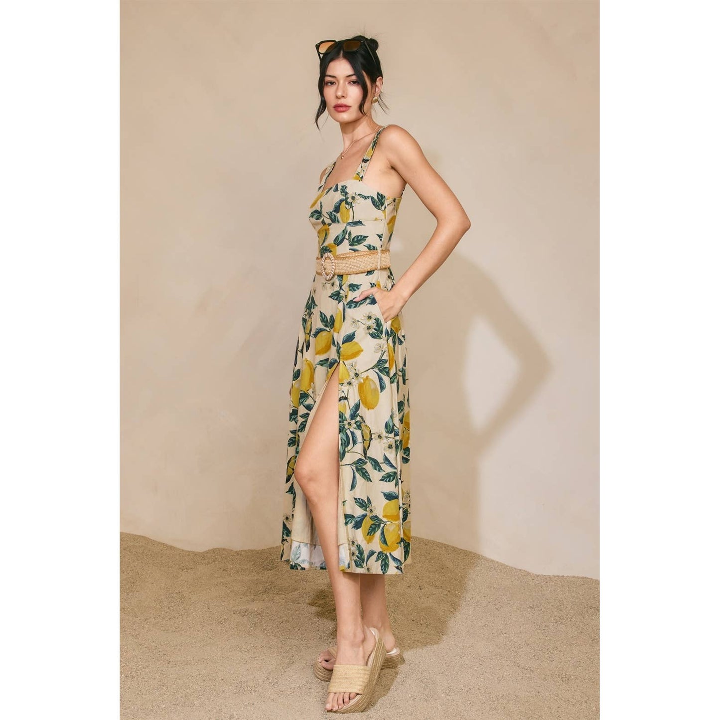 Vintage Lemonade Wicker Belt Midi Dress - La Rella