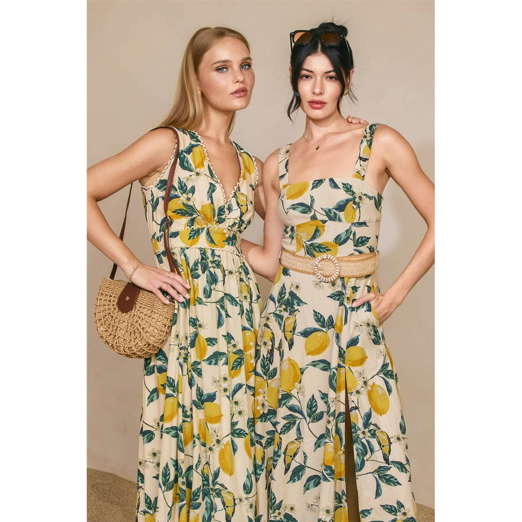 Vintage Lemonade Wicker Belt Midi Dress - La Rella