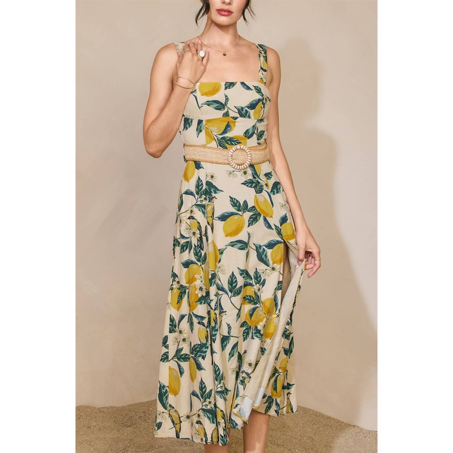 Vintage Lemonade Wicker Belt Midi Dress - La Rella