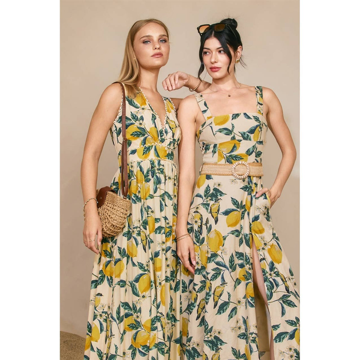 Vintage Lemonade Wicker Belt Midi Dress - La Rella