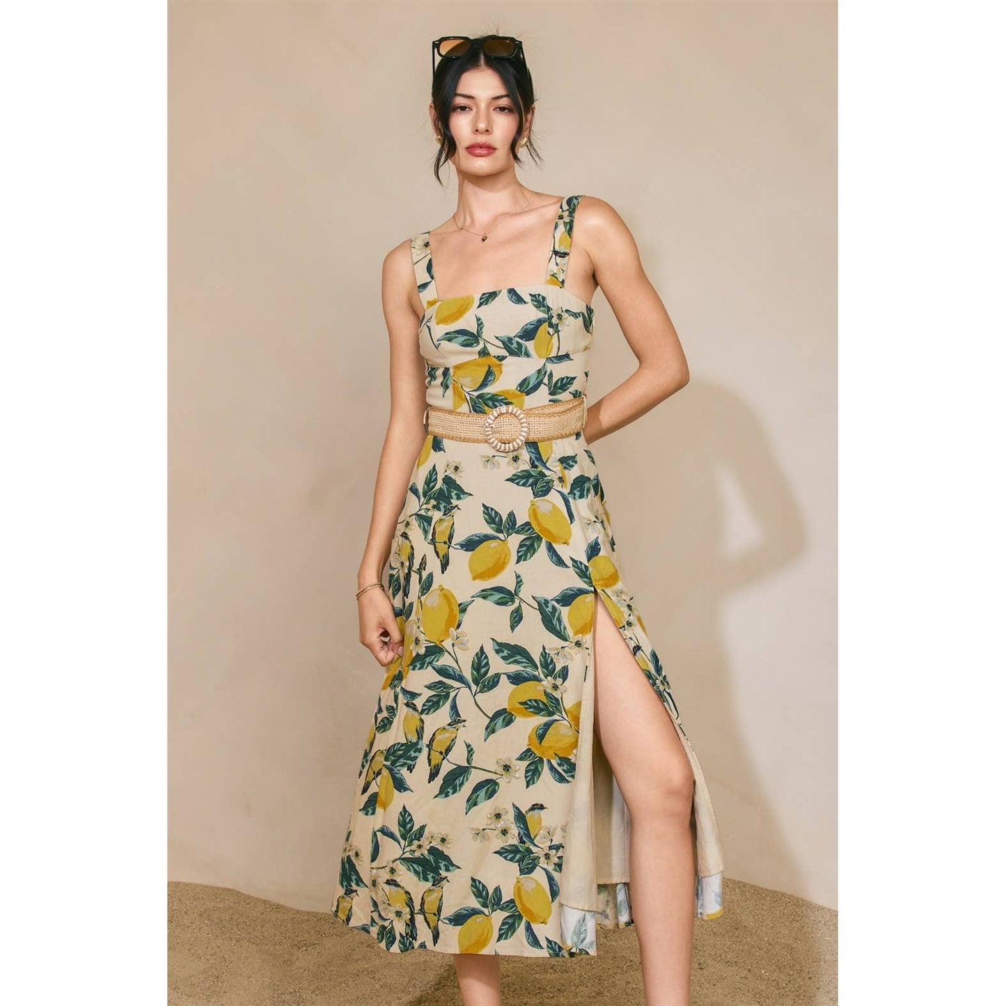 Vintage Lemonade Wicker Belt Midi Dress - La Rella