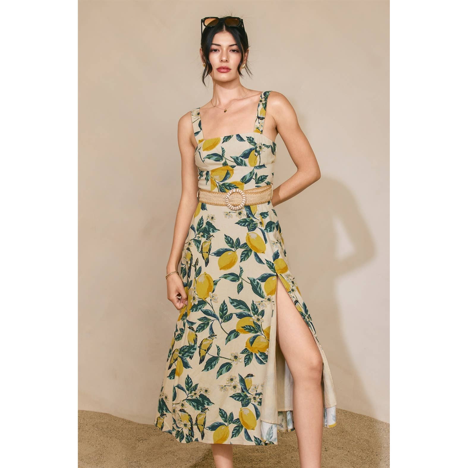 Vintage Lemonade Wicker Belt Midi Dress - La Rella