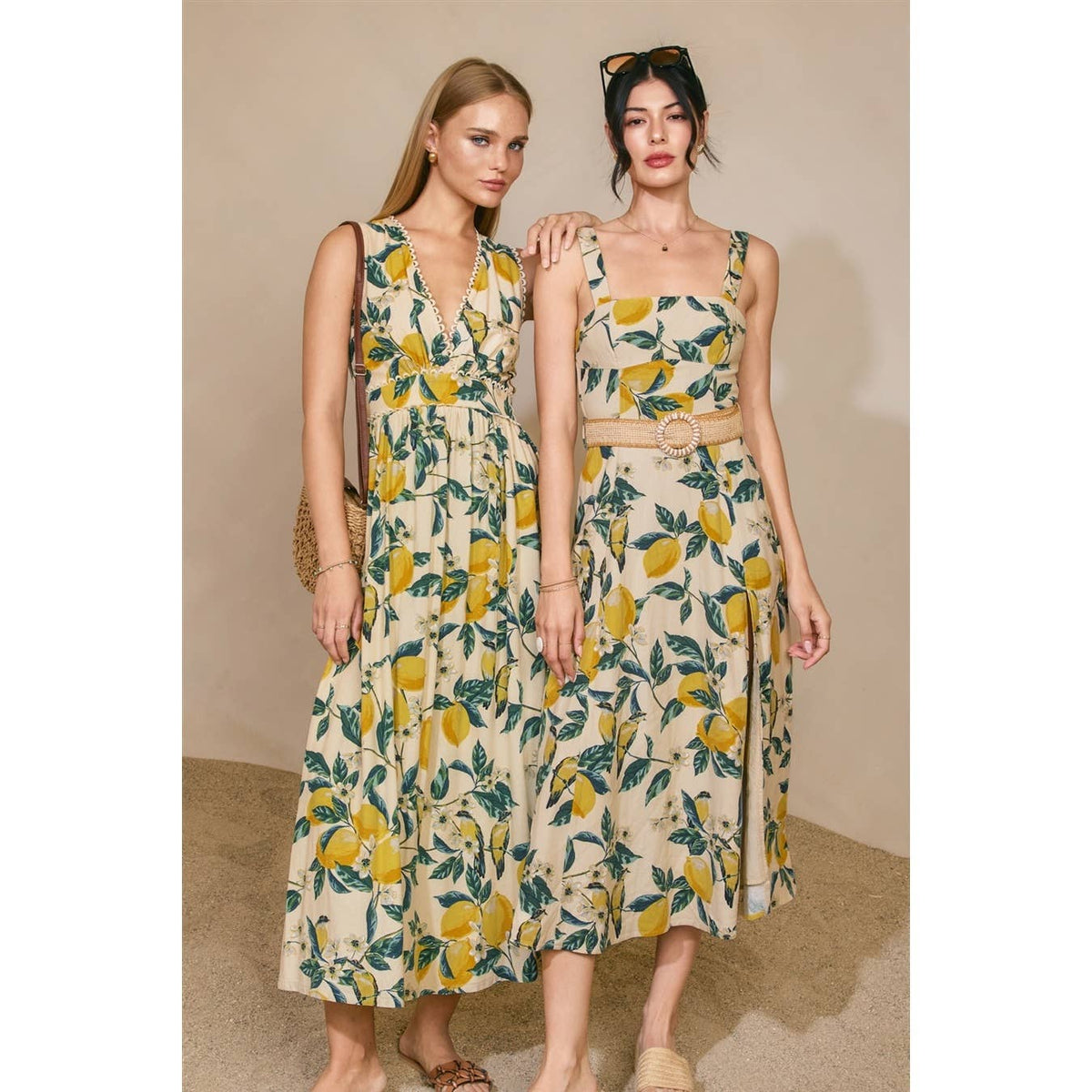 Vintage Lemonade Wicker Belt Midi Dress - La Rella