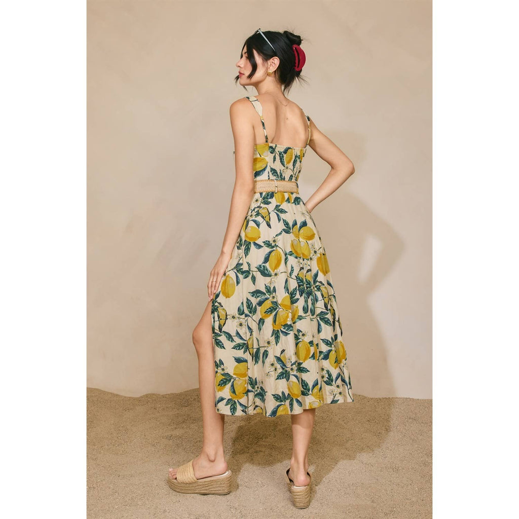 Vintage Lemonade Wicker Belt Midi Dress - La Rella