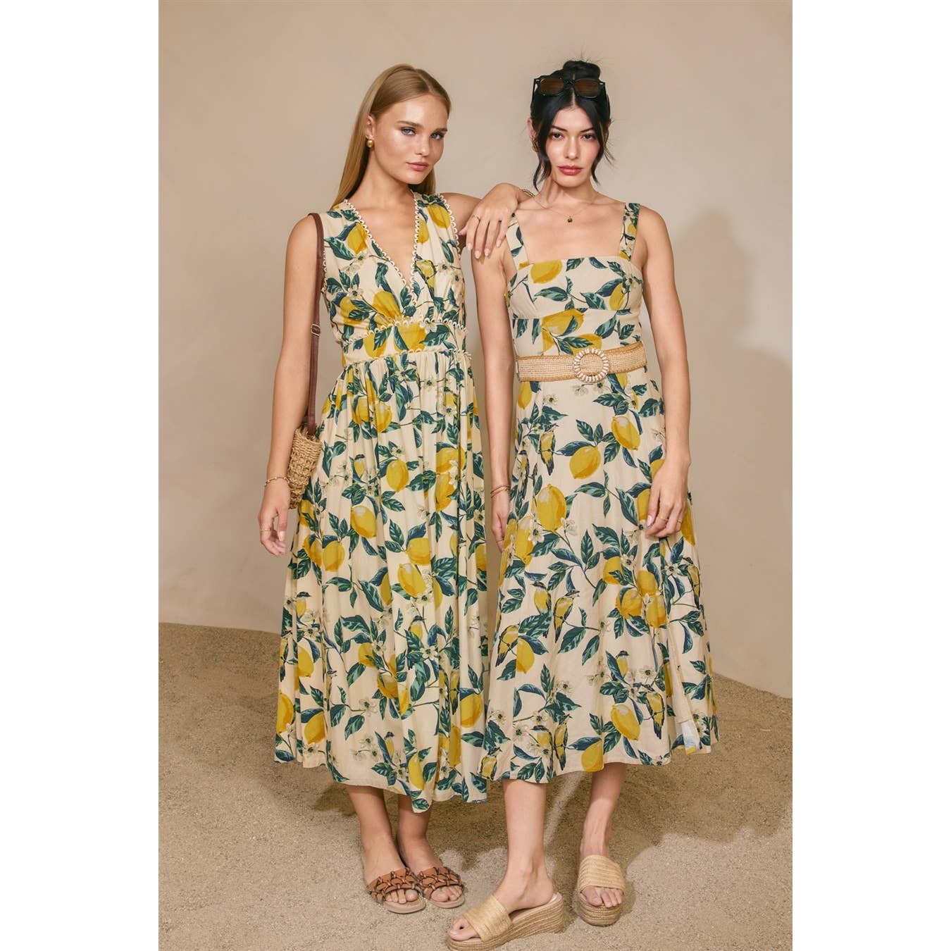 Vintage Lemonade Wicker Belt Midi Dress - La Rella