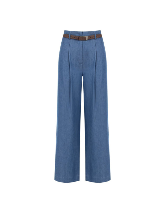 Wide-Leg Cotton Pants with Belt - La Rella